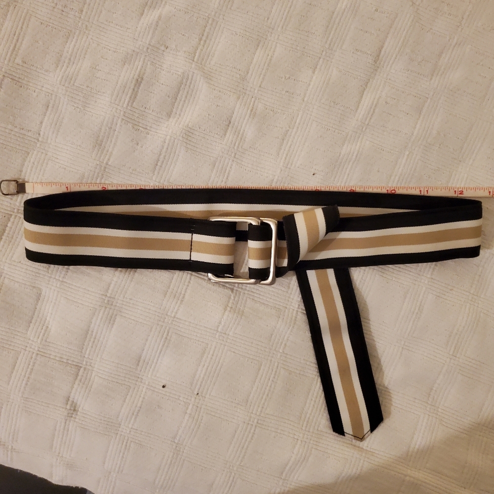 Black white & tan women's belt, striped ribbon, silver buckle, size small